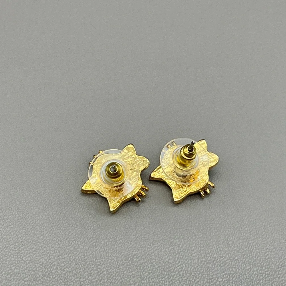 Earrings Women Gold Tone Rhinestone Green Eye Cat Kitten Stud Pierced 0.5 Inch